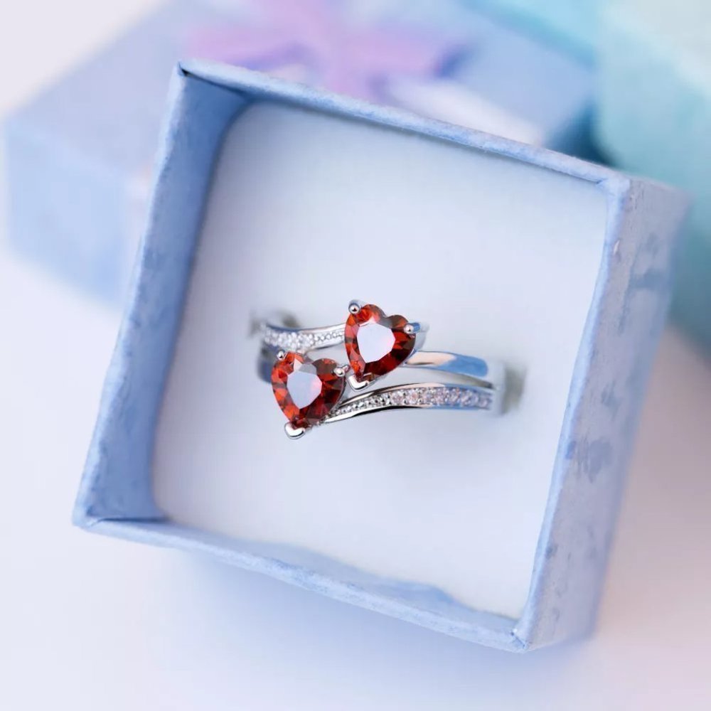 🍁925 Silver Plated Red Double Heart-Shaped CZ Ring, MLNN1207